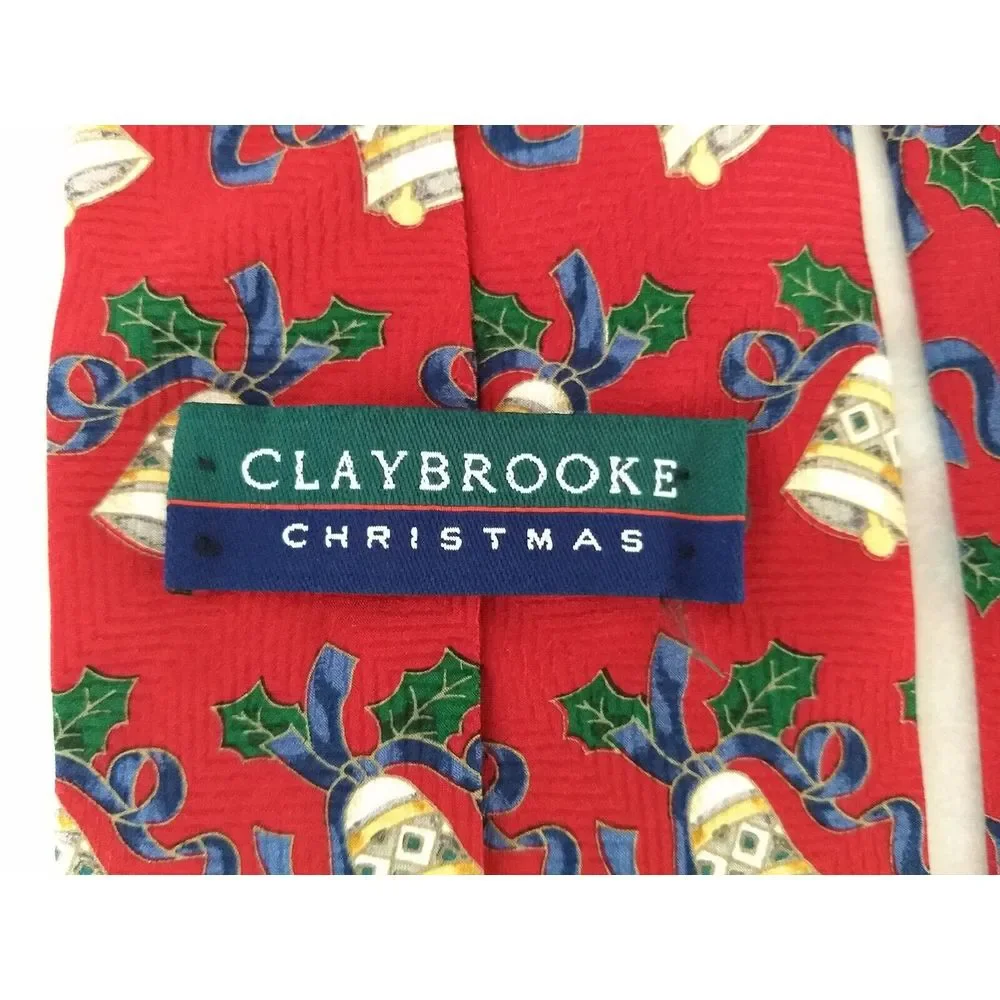 CLAYBROOKE 100% Silk‎ Red Neck Tie Christmas Collection Handmade Bells & Ribbon